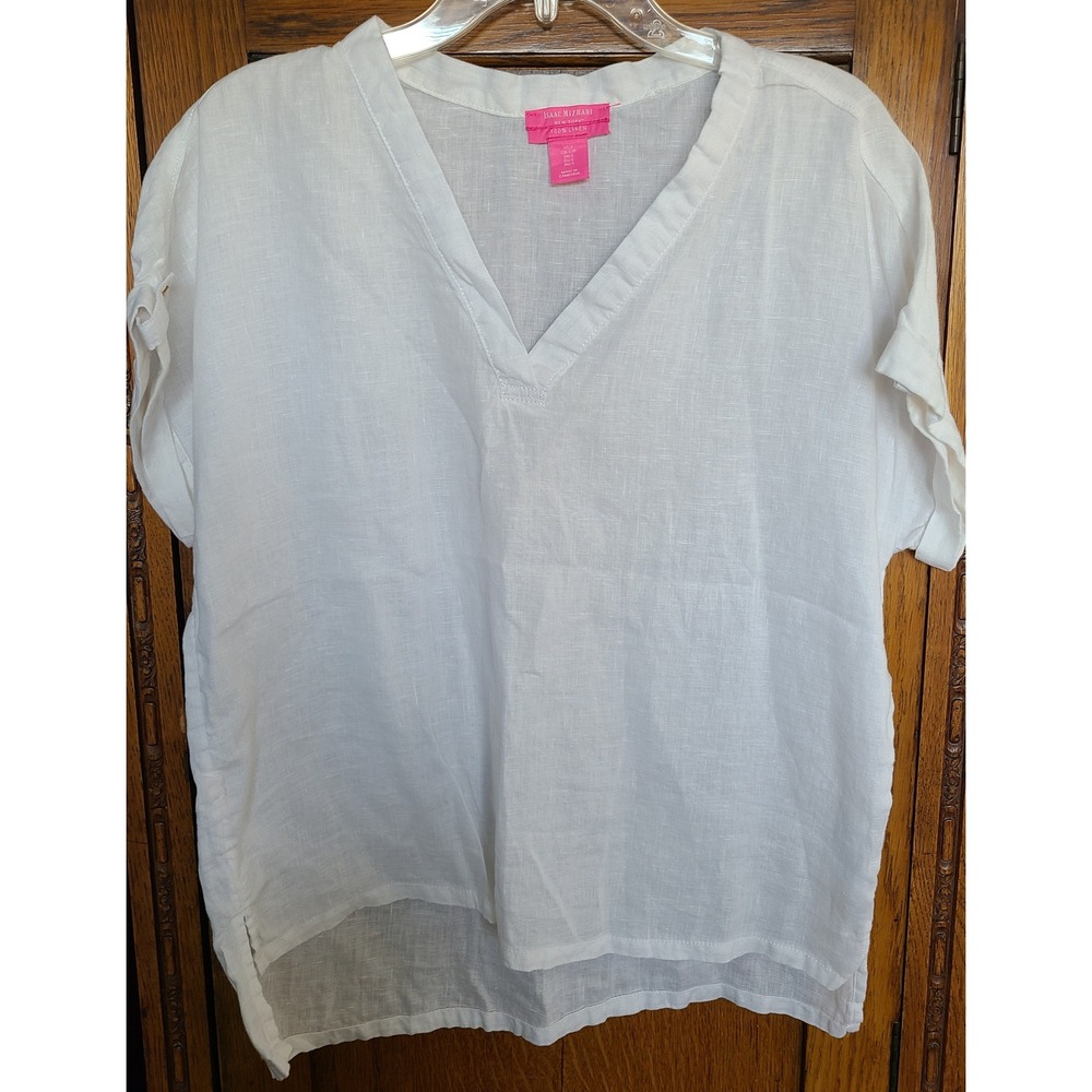 Isaac Mizrahi White 100% Linen V-Neck Tunic Top Short Sleeve Roll Tab Small
